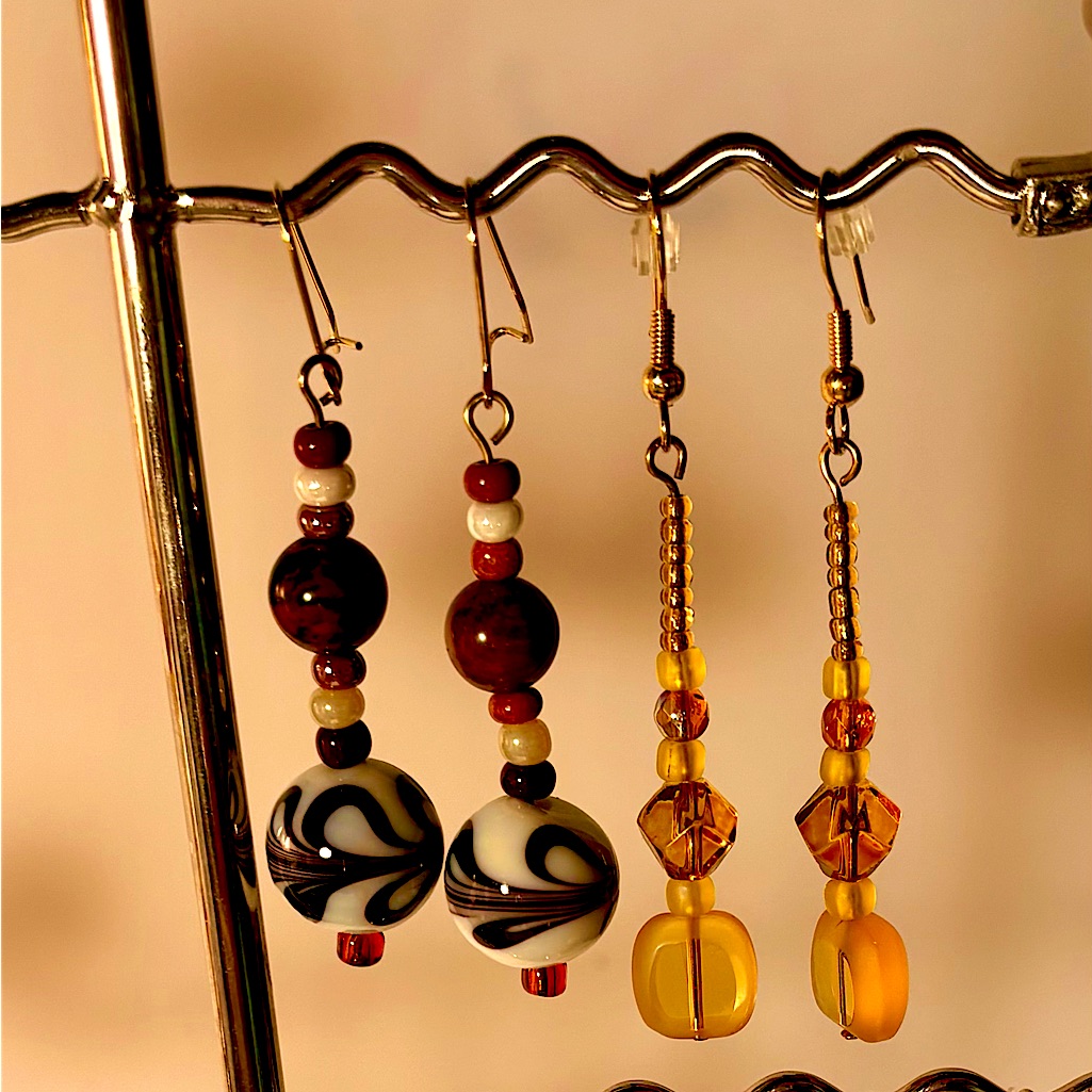 Earrings Pierced Handcrafted Unique Combo Of Brown+White Beads & Yellow Glass